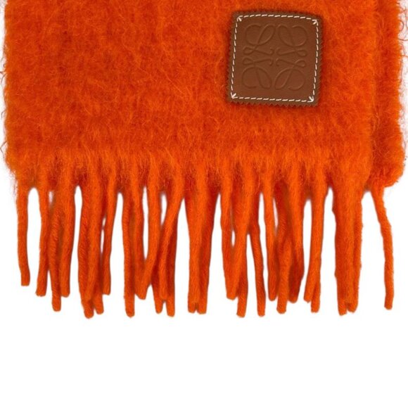 Loewe Mohair Wool Anagram Leather Patch Muffler Orange Scarf